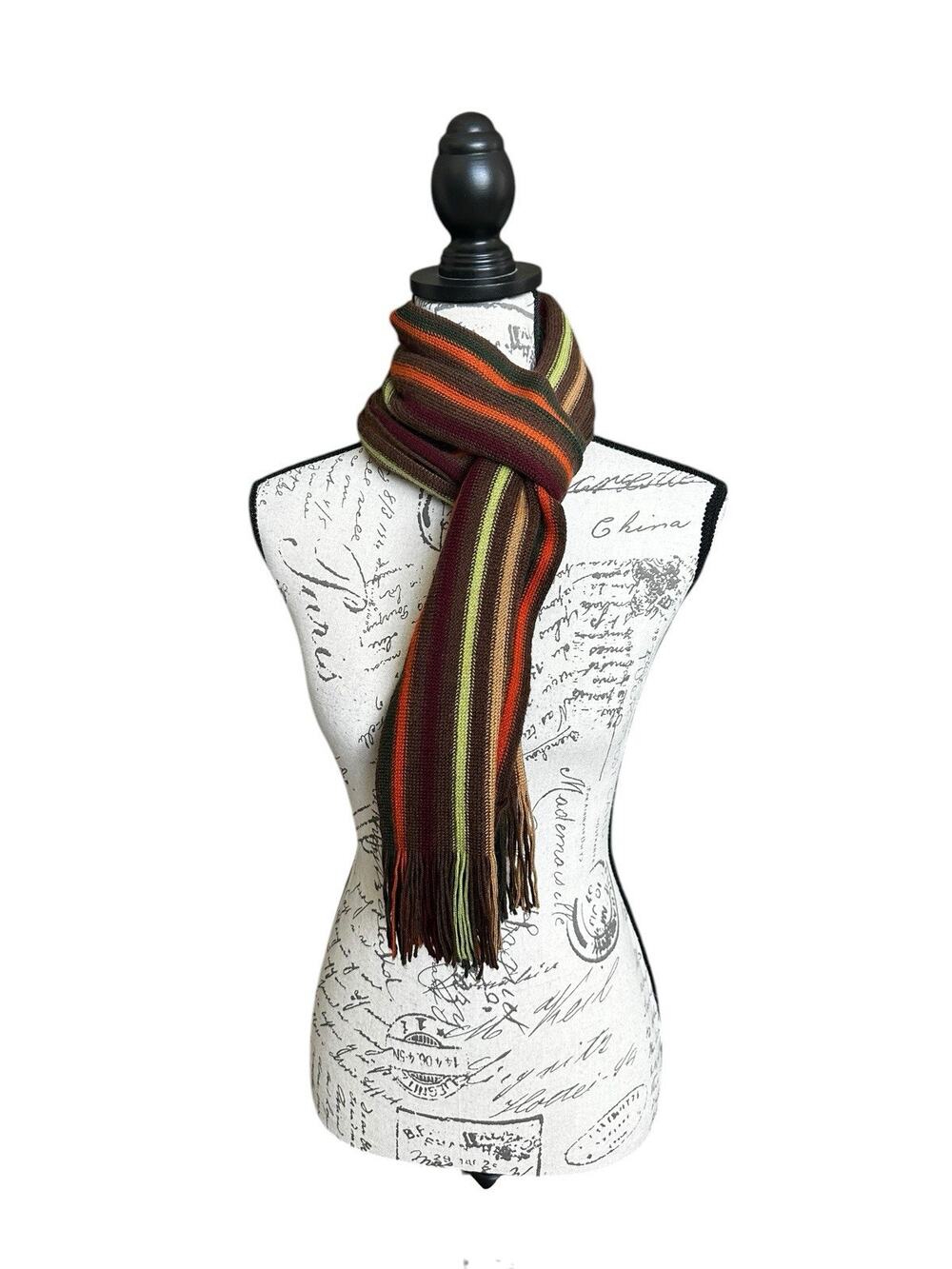 Wool Blend Stripe Scarf Fall Colors Brown Green Maroon Orange Fringe